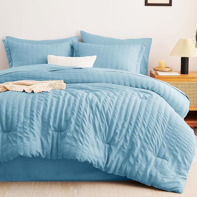 CozyLux King Size Comforter Set Sky Blue Seersucker 7 Pieces Bed in a Bag King Comforter Set with Sheets, Luxury Soft Bedding Sets with Down Alternative Comforter, Sheets, Pillowcases & Shams