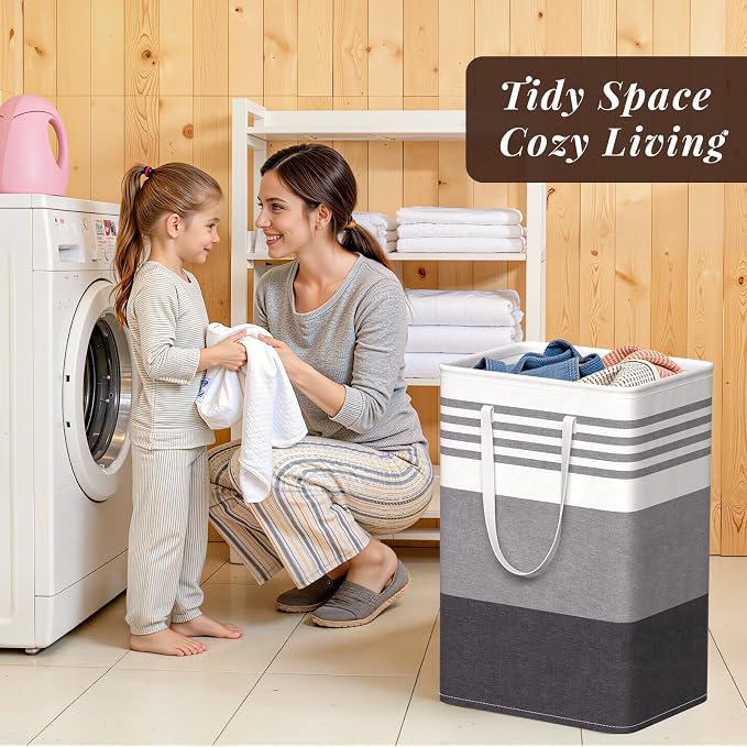 WOWBOX 2 Pack Laundry Baskets, Laundry Hampers, Freestanding Dirty Clothes Hampers with Reinforced Handles & Cross Stitch & Waterproof Coating, for Laundry Bedroom Bathroom Dorm,75L Grey - Image 7