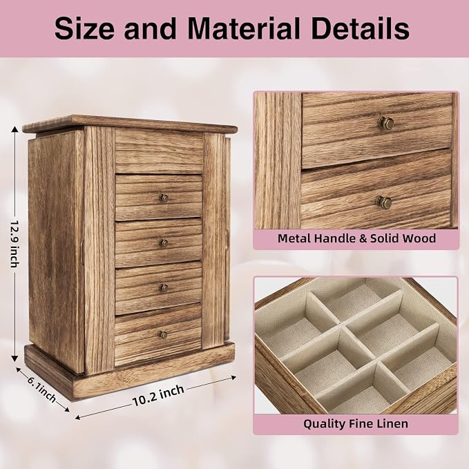 Emfogo Jewelry Box for Women, 5 Layer Large Wood Boxes & Organizers for Necklaces Earrings Rings Bracelets, Rustic Organizer with Drawers and Mirror(Carbonized Black) - Image 7