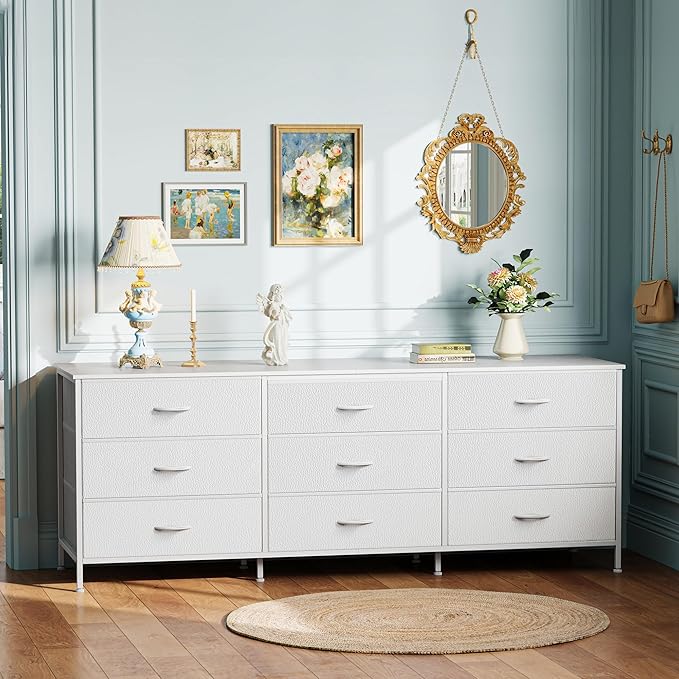 Huuger 63 Inch Dresser for Bedroom, Dresser for Closet with 9 Fabric Drawers, Large TV Stand for 55, 65, 70 Inch TV, Entertainment Center with Storage, Wide Long Chest of Drawers, White