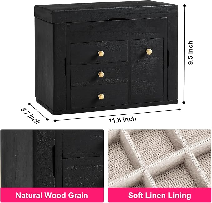 Poyilooo Jewelry Box Organizer, Solid Wood Jewelry Boxes for Women, Double Layer Jewelry Organizer Box Display Earring Necklace Bracelet Ring, Rustic Style Small Jewelry Box for Girls (Black) - Image 7