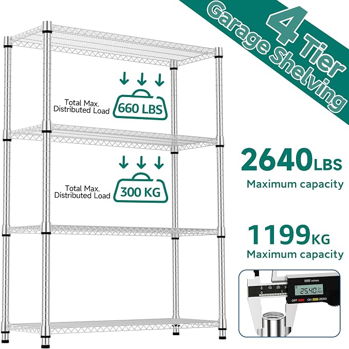 M MZG 4 Tiers Shelf Metal Storage Shelves 2640 lbs Steel Storage Shelving Utility Shelving Unit Steel Organizer Wire Rack for Home,Kitchen,Office,Garage Chrome 17.7" D x 47.2" W x 70.3" H - Image 9