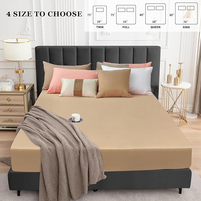 Sufdari Twin XL Mattress Protector,Waterproof Mattress Protector,Fitted Sheet Style Mattress Cover with 18" Deep Pocket,Washable and Comfortable-Light Tan,Twin XL