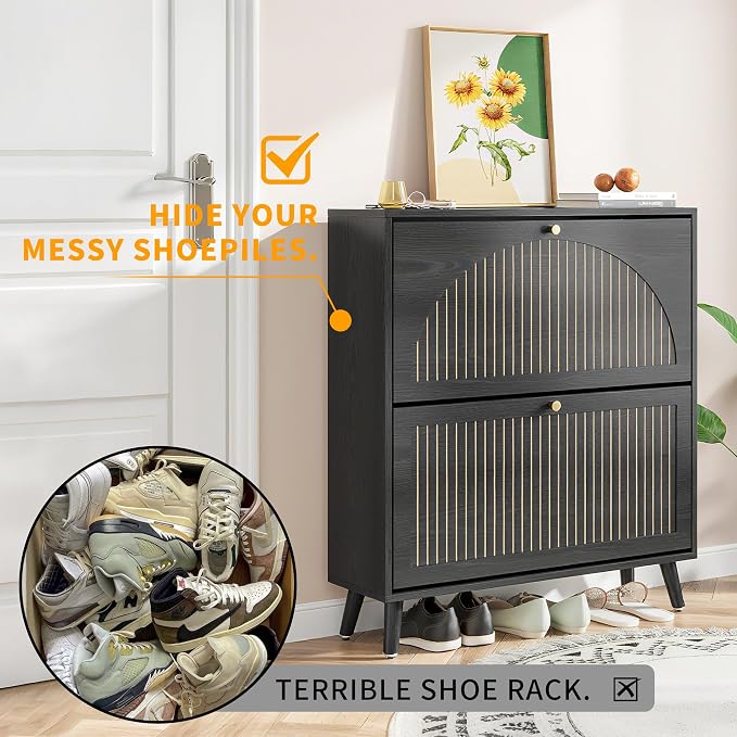 Fsbecl Shoe Storage Cabinet for Entryway with 2 Flip Drawers, Narrow Wood Shoe Cabinet with Fluted Panel, Freestanding Hidden Shoe Organizer for Foyer, Hallway (Black - with Shelf) - Image 9