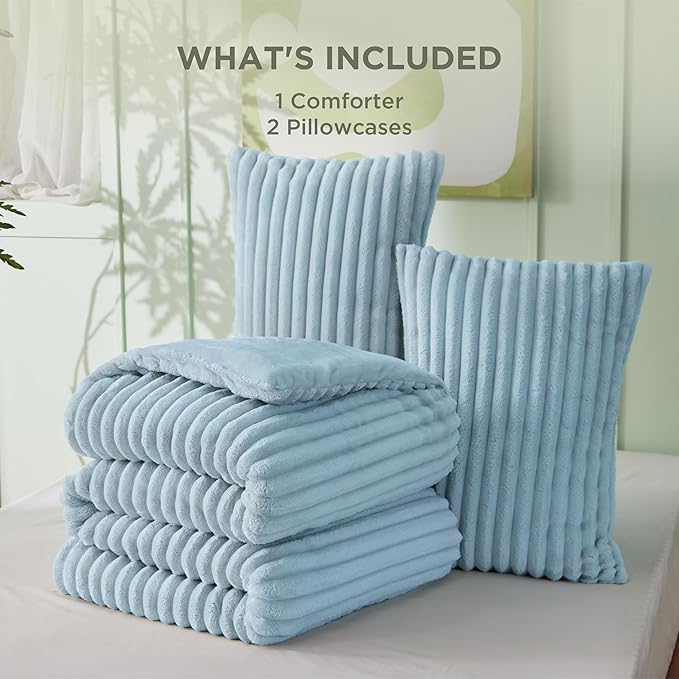 Bedsure King Comforter - GentleSoft™ 3 Pieces Double-Side Fleece Fluffy Light Blue Comforter Set, Cozy Striped Room Decor Aesthetic, Luxury King Size Bedding with 2 Pillowcases, 104x90 Inches