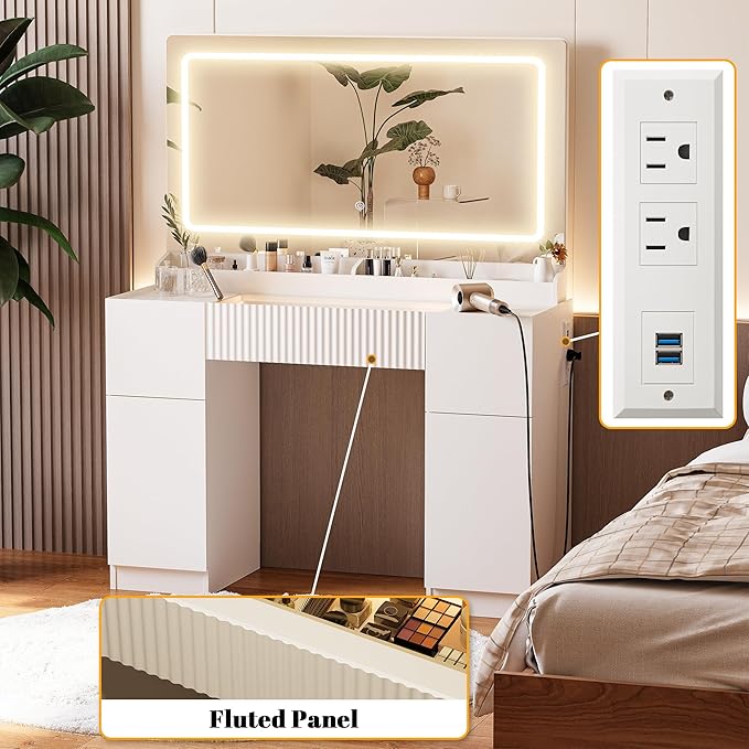INNOD Vanity Desk with Large Mirror and Lights, Modern Glass Top Makeup Vanity Set with Power Outlet, 3 Drawers and 2 Cabinet, 3 Lighting Color Adjustable Dressing Table for Bedroom,Pure White