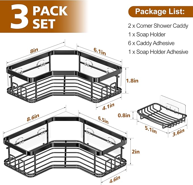 MAXIFFE 3 Pack Corner Shower Caddy with Soap Holder, Large Capacity Sturdy Easy Install No Drilling Stainless Steel Hold 40 LBS Shower Organizer Shelves Rack Storage for Family Renters Bathroom, Black - Image 8