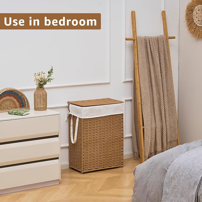 Slim Wicker Laundry Hamper with Lid, 55L Handwoven Rattan Basket with Handles, Narrow Laundry Basket with Removable Liner Bag & 2 Mesh Bags - Image 7