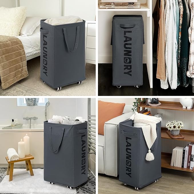 Goodpick Hamper with Wheels, 2-Pack 75L Foldable Laundry Baskets with Removable Wash Bags, Dirty Laundry Basket for Corner Dorm,Grey - Image 9