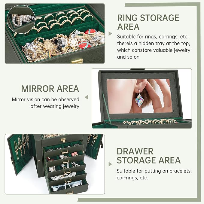 AKOZLIN 6-Tier Jewelry Box Organizer Functional 5 Drawers Leather Jewelry Storage Case for Women Girls Ring Necklace Earring Bracelet Holder Organizer with Mirror Dark Green - Image 8