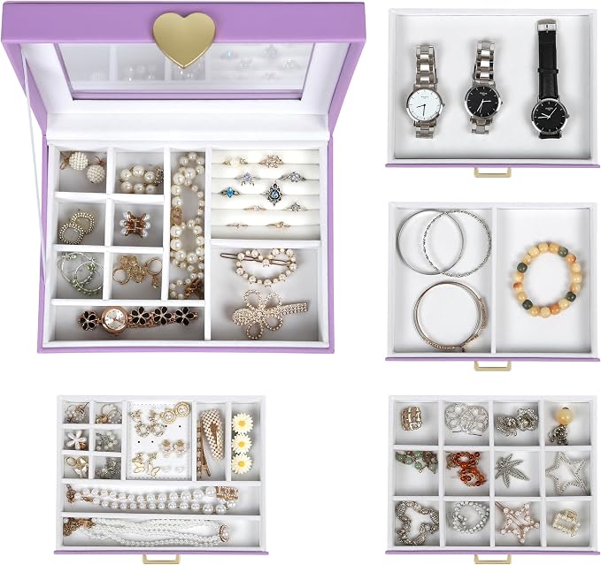 Kendal Jewelry Box, 5-Layer Jewelry Organizer Box with Glass Lid, Purple, Heart Shaped PU Leather, Storage Box for Necklace Earrings Rings Bracelets, Gift Idea for Girls LJC4DRPL - Image 6