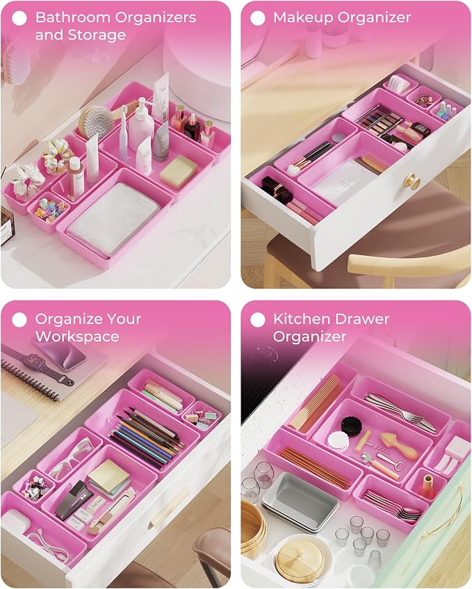 BiuLeon 25 PCS Plastic Drawer Organizers Set, 4-Sizes Vanity and Makeup Organizer, Desk and bathroom Drawer Organizer Trays, Organizers and Storage for Makeup, Jewelry, Gadgets, Utensils(Light Purple) - Image 7