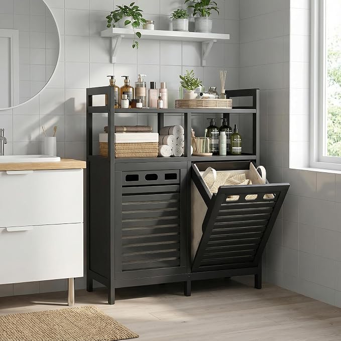 Homykic Tilt Out Laundry Hamper Cabinet, Bamboo Double Laundry Hamper with 2 Removable Laundry Baskets, 20 Gal Laundry Sorter Organizer with Shelf for Dirty Clothes, Bathroom, Laundry Room, Black - Image 9