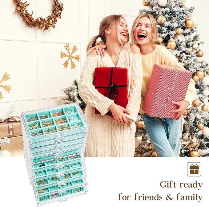 ProCase Earring Holder Organizer Jewelry Box with 10 Drawers, Acrylic Clear Earring Case with Adjustable Velvet Trays for Women - Aqua,10 Layers - Image 7