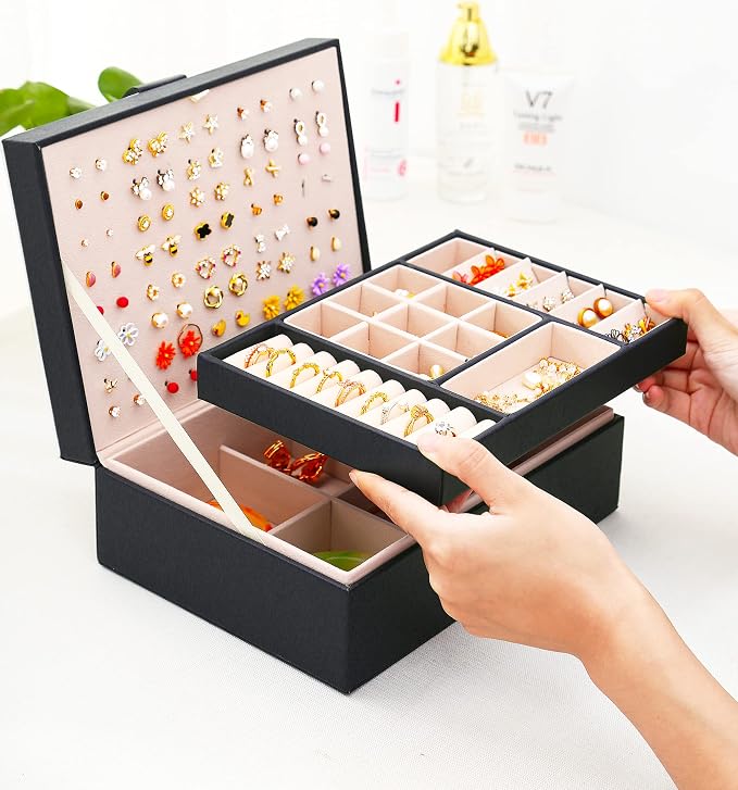Earrings Jewelry Box for Girls, Large Capacity Jewelry Organizer with 40-Pair Earring Board, 2-Layer Leather Jewelry Storage Box for Necklaces Rings Bracelets with Removable Tray(Gift Idea),Black - Image 8