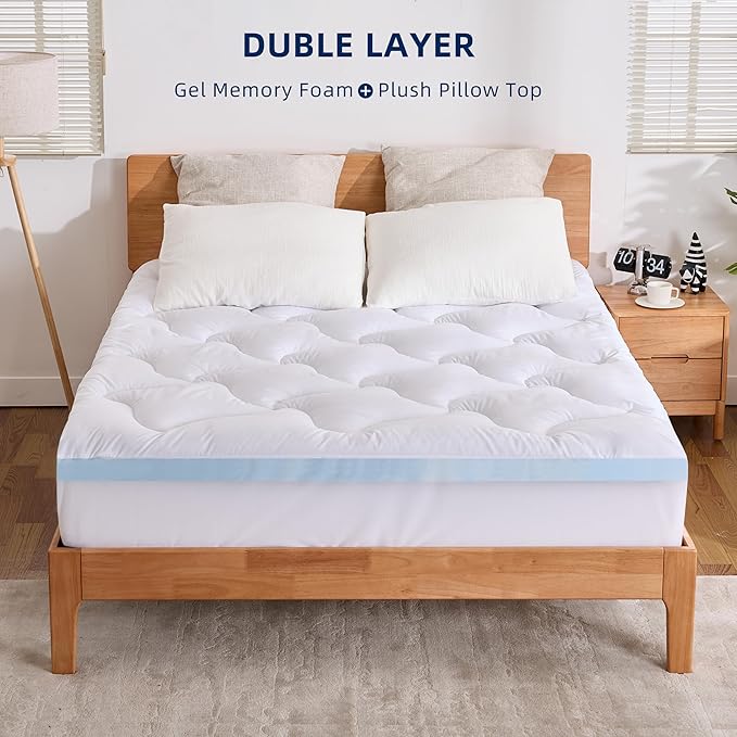 Dual Layer 3 Inch Memory Foam Mattress Topper Queen, 2 Inch Cooling 5-Zone Gel Memory Foam Plus 1 Inch Down Alternative Pillow Top Mattress Topper, with Deep Pocket, Support for Back Pain