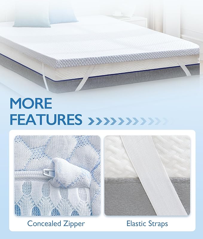 SINWEEK 3 Inch Queen Cooling Memory Foam Mattress Topper for Pressure Relief, Thick Bed Mattress Pad with Cooling Soft Cover and Adjustable Straps, CertiPUR-US Certified