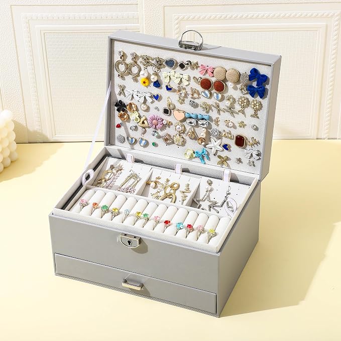 BOOVO Earring Jewelry Box For Women Girl Stud Organizer, 5 Layers Girl Jewelry Organizer Box With Lock Earring Holder Organizer Necklace Ring Jewelry Organizer Box For Girls (grey) - Image 8