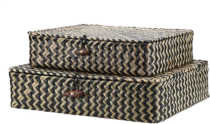 Hipiwe Woven Storage Basket with lid - Flat Wicker Storage Baskets Bins Natural Seagrass Storage Baskets Box for Shelf Home Decor, Set of 2, Blacks Strips - Image 9