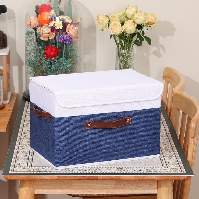 ANMINY Storage Boxes with Lids Washable Decorative Storage Bins Basket with PU Leather Handle Foldable Linen Fabric Storage Cubes Containers for Home Closet Organizer - Deep Blue White, Large Size - Image 8
