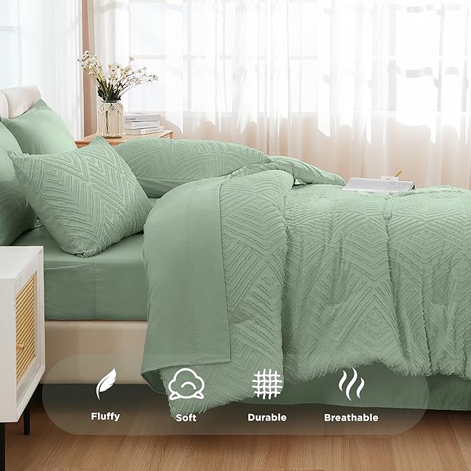Andency Queen Comforter Set 7 Piece Sage Green - Bed in a Bag Queen Boho Lightweight Fluffy Tufted Bedding Sets with Comforter, Sheets, Pillowcases & Shams
