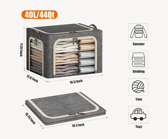 3 Openings Clothes Storage Bins with Metal Frame, Foldable Storage Bin for Clothes, Clothing Storage Bins with Lid, Linen Storage Box With Clear Window& Zippers& Durable Handles.(3 Pcs,Dark Grey,40L) - Image 6