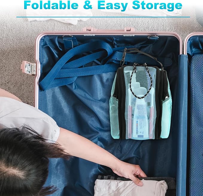 Cosmos Mesh Shower Caddy Toiletry Organizer Hanging Shower Tote Bag, Quick Dry Shower Organizer Portable Bath Bag with Durable Zippers & Side Pockets for Travel Gym Swimming Beach & Camp (Aqua Blue) - Image 7