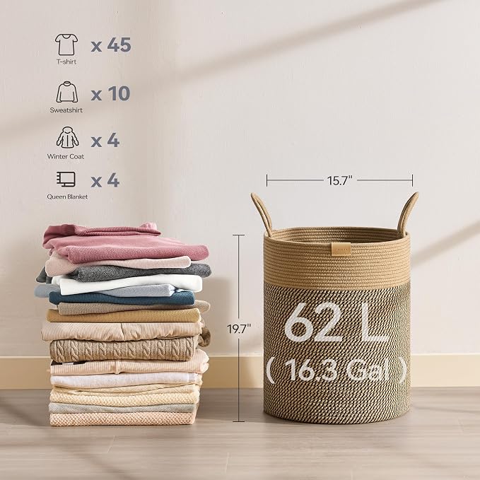 Nunsino Laundry Hamper 62L,Large Laundry Basket for Clothes,Decorative Storage Basket for Blankets,Cotton Rope Woven basket for bedroom,Dark Brown - Image 6