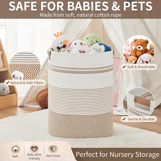 AINUOQI Laundry Basket with Handles - Blanket Basket & Hampers for Bedroom Aesthetic, Laundry Hamper & Blanket Storage for Living Room, Clothes Hamper, Tall, Large 17" x 14" x 22”, Brown & White - Image 8
