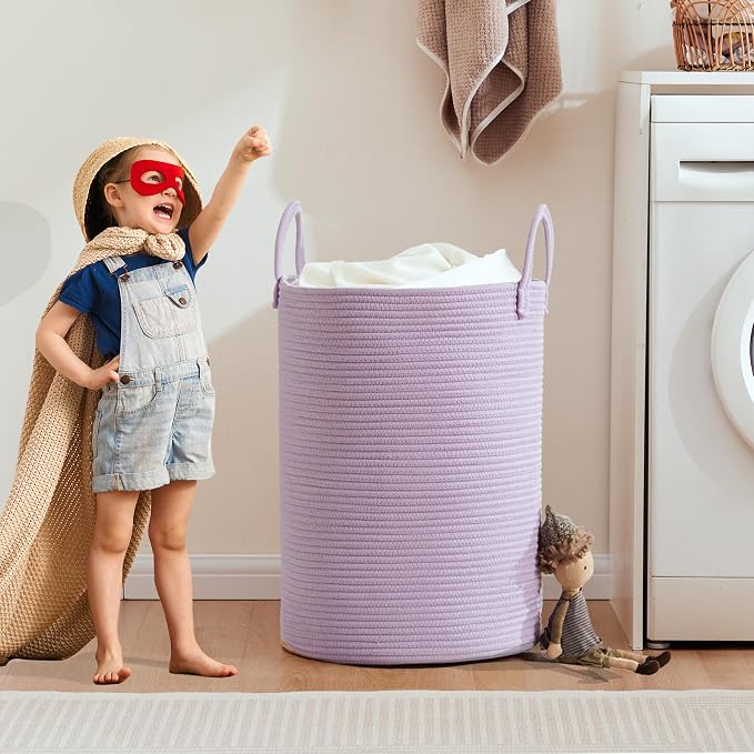 80L Extra Large Purple Hamper Laundry Basket for Nursery Kids 16Dx22H inches Tall Lavender Blanket Basket for Girls Cotton Rope Lilac Clothes Hamper in Bedroom - Image 6