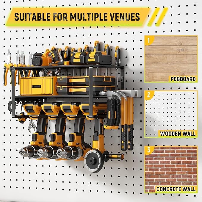 Hipidian Power Tool Organizer Wall Mount - Storage Rack with 4 Drill Holders for Drills Cordless Tools. Heavy Duty Iron Garage Tool Organizer Storage for Workshop Shed (4 Slots 3 Layers) - Image 7
