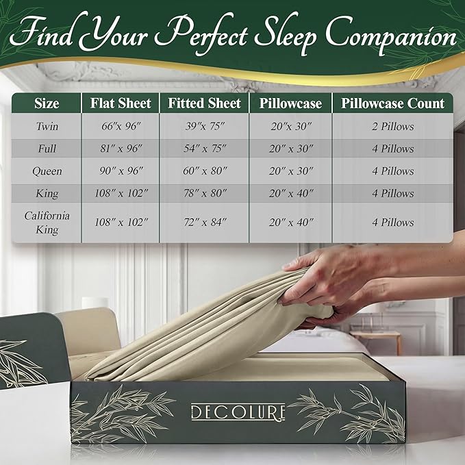 DECOLURE 100% Viscose Derived from Bamboo Sheets King Size - Luxury 6 Pc Naturally Cooling Sheets, Ultra Soft Bed Set - Deep 17" Pockets, Durable Double Stitching, Oeko Tex Standard (Creme)
