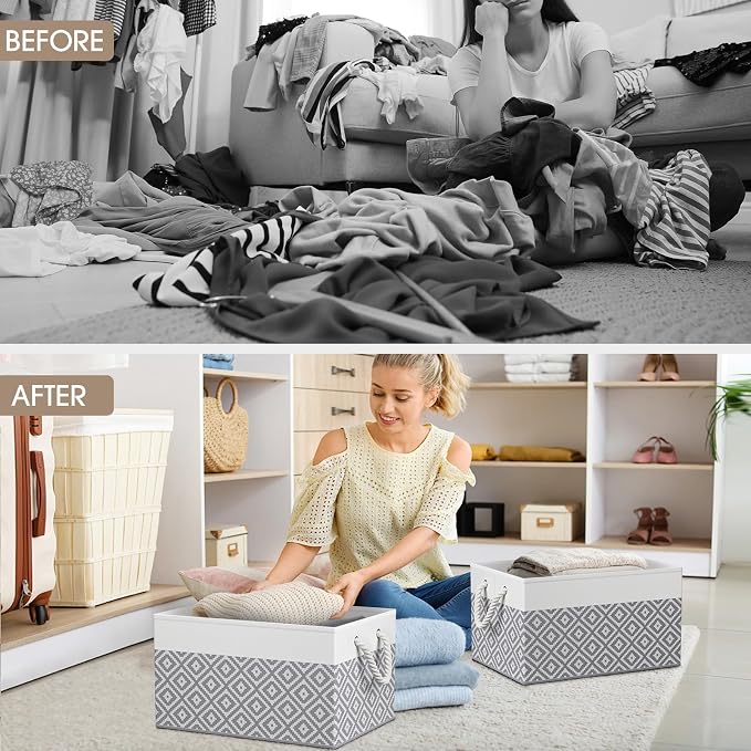 StorageTastic Storage Bins, 6-Pack Large Storage Box with Rope Handles, Collapsible Storage Basket for Organizing Books,Clothes,Rhombic Grey - Image 7