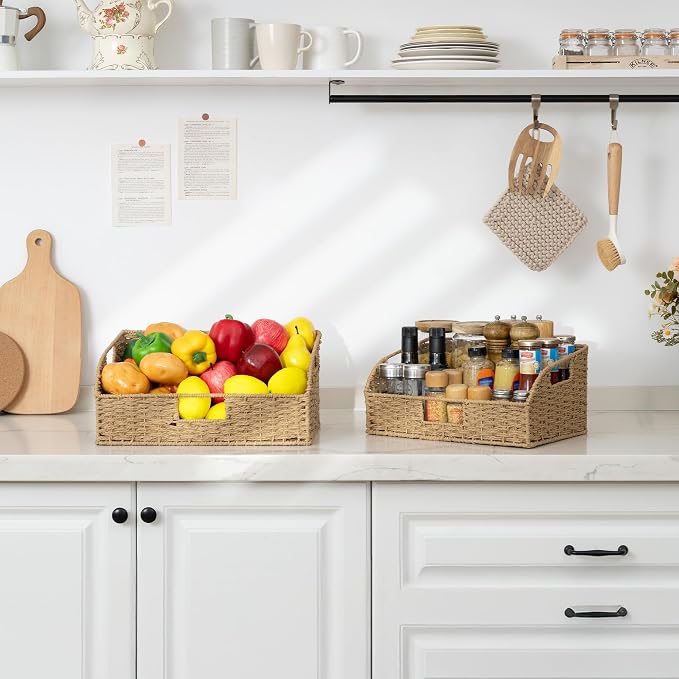 StorageWorks Pantry Baskets for Organizing, Paper Rope Storage Baskets for Shelves with Built-in Handles, Pantry Organizers and Storage, Natural, Set of 2 (Large and Medium) - Image 8