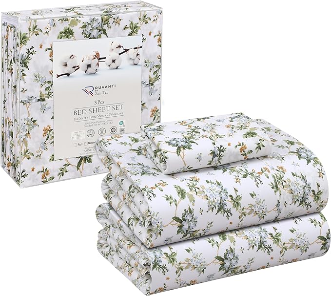 RUVANTI 100% Cotton Sheets – Twin XL Size Percale Bedding, Cooling & Breathable Floral Design, Durable with a Crisp, Soft & Comfortable Feel, 16" Deep Pocket, 3-Piece Set, Heritage