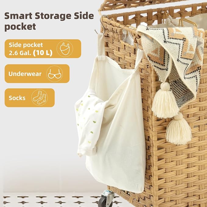 Laundry Hamper with Lid, 160L Rattan Wicker Laundry Basket with Wheels, Handwoven Laundry Hamper 3-Section with Storage shelf(42.3 Gal), Laundry Sorter Basket with Removable Liner, Natural HLH033N - Image 9