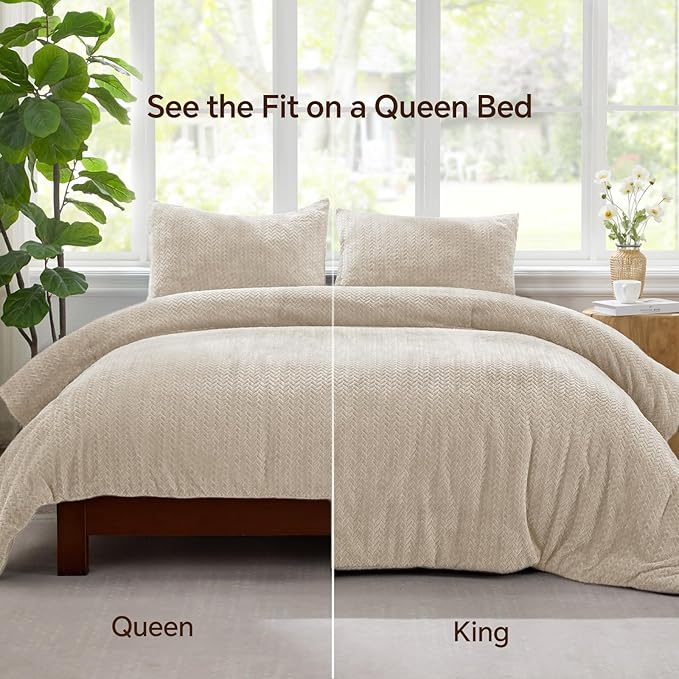 Flannel Fleece Queen Comforter Set - Furry Linen Leaves Pattern Faux Fur Bed Set, Winter Ultra Soft Fuzzy Comfort Set, Velvet Bedding Set for Bed with 2 Pillow Cases