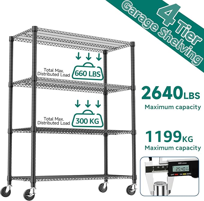M MZG 2640LBS 53.1" W 4 Tiers Shelf Steel Storage Shelves Shelving Unit Steel Organizer Wire Rack for Home,Kitchen,Office,Garage Black 23.6" D x 53.1" W x 73.6" H - Image 7