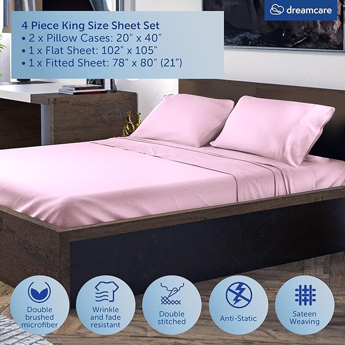 DREAMCARE Queen Sheet Set – 4 pcs Cooling Sheets – up to 21” Deep Pocket Queen Sheets – Hotel Luxury Sheets & Pillowcases – Superior Softness 100% Fine Microfiber with Side Pocket, Pink