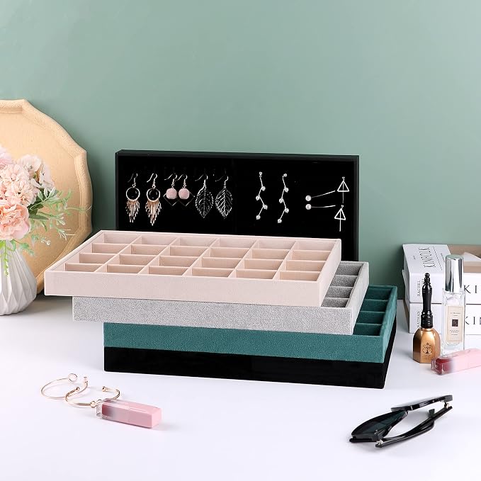 Large Velvet Jewelry Tray, Drawer Organizer for Jewelry in Dresser, Stackable Jewelry Drawer Organizer Inserts for Earring Necklace Bracelet Rings(Beige,12grid) - Image 9