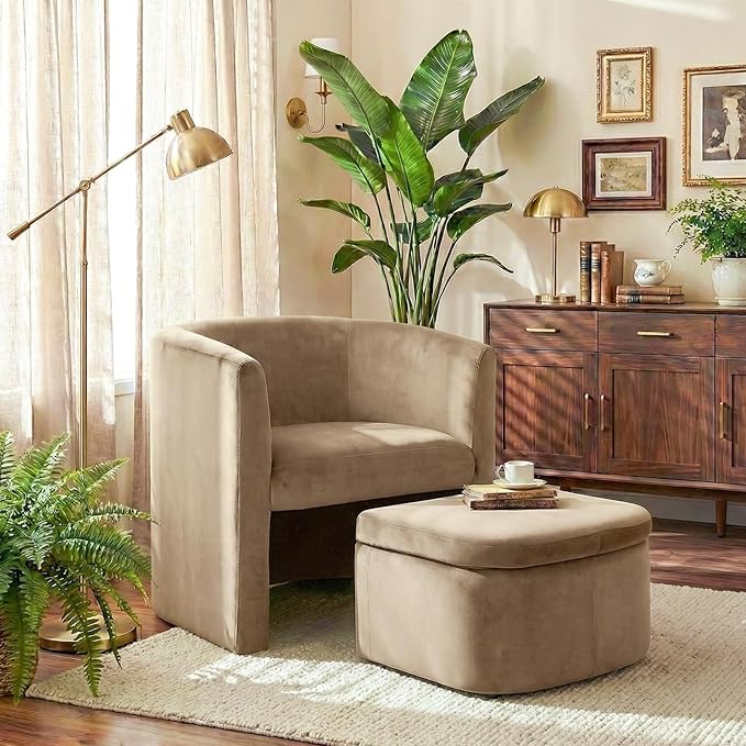COLAMY Morden Velvet Barrel Accent Chair with Storage Ottoman Set of 2, Upholstered Living Room Side Chair, Single Sofa Armchair with Lounge Seat for Bedroom/Office/Reading Spaces, Khaki