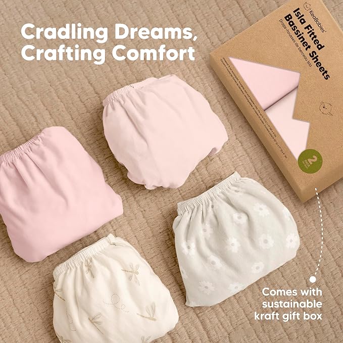 2-Pack Baby Bassinet Sheets Girl, Boy - 33x17 Viscose Derived from Bamboo Bedside Mattress Fitted Bassinet Sheets, Compatible with Halo Bassinest Swivel Sleeper, Baby Delight, Graco (Mist Rose)