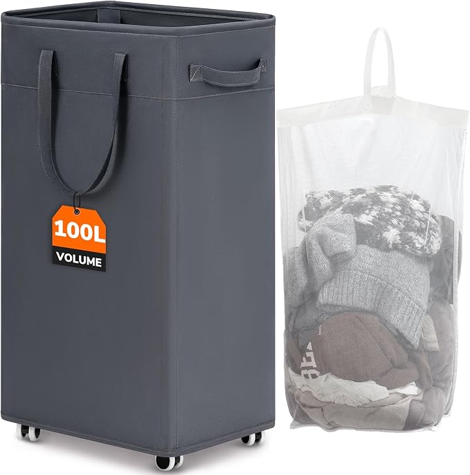 CHICVITA 100L Rolling Laundry Basket with Wheels, Large Collapsible Laundry Hamper with Removable Wash Bag Space for Corner Dorms, Grey by CHICVITA