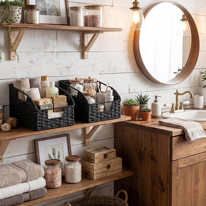 StorageWorks Pantry Organizers and Storage, Wicker Baskets with Handles, Pantry Baskets for Shelves, Paper Rope, Black, 2 Pack - Image 7