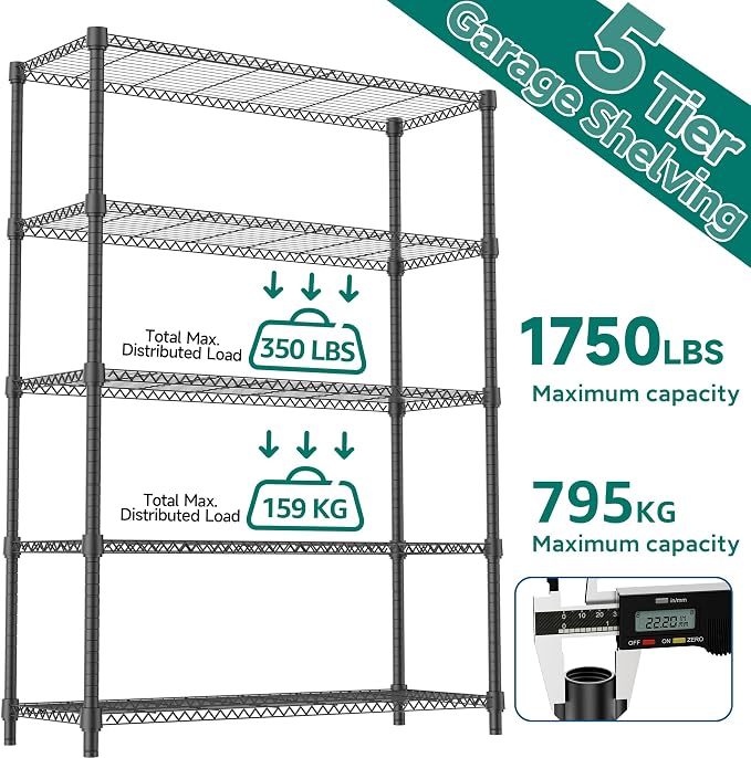 M MZG 1750LBS 47.2" W 5 Tiers Shelf Steel Storage Shelves Shelving Unit Steel Organizer Wire Rack for Home,Kitchen,Office,Garage Black 17.7" D x 47.2" W x 72.4" H - Image 9