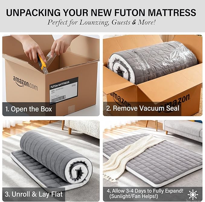 Tiita Futon Mattress 4” Thick Folding Roll Up Sleeping Pad with Bag & Strap, Bed Topper Mat for Guest, Lounger and Travel, Grey,Queen Size