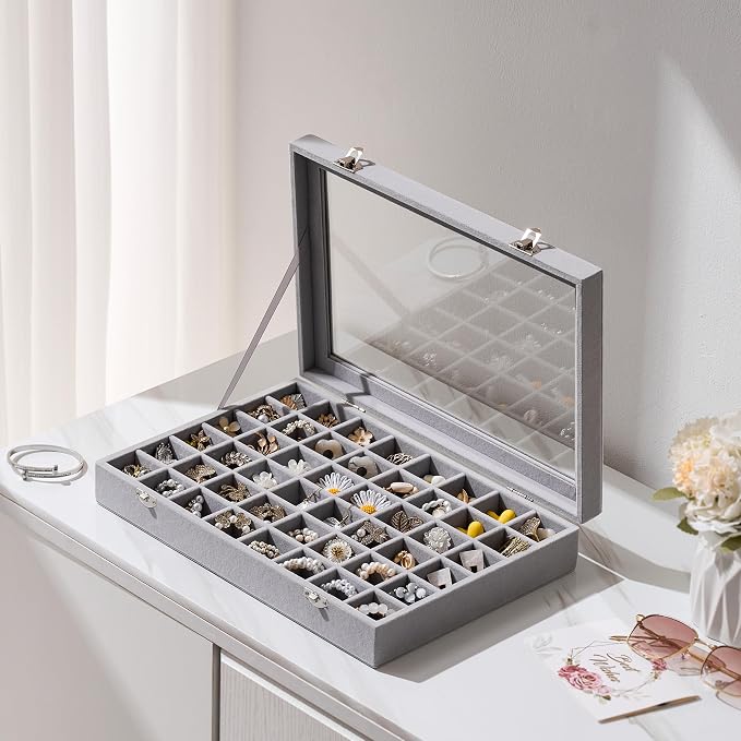 48 Grid Earring Organizer and Storage: Velvet Jewelry Tray with Lid, Jewelry Box for Studs, Earrings, Rings, Necklaces, Dresser & Vanity, Earrings Case Organizer for Girls, Women, 13"x8.6"x2.4", Grey - Image 9