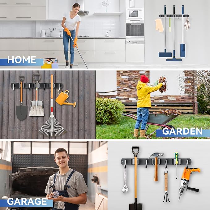 ZONGOOL 2 Pack Mop Broom Holder Wall Mount, Broom Organizer Storage Tool Racks Stainless Steel Self Adhesive Heavy Duty Hooks for Home Kitchen Garden (3 Racks with 4 Hooks, Black) - Image 7