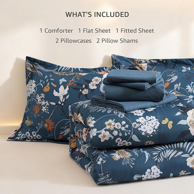 CASAAGUSTO Full Size Comforter Sets - 7 Pieces Blue Floral Bedding Sets, Bed in a Bag Full with Botanical Butterfly Comforter, Sheets, Pillowcases & Shams for All Seasons