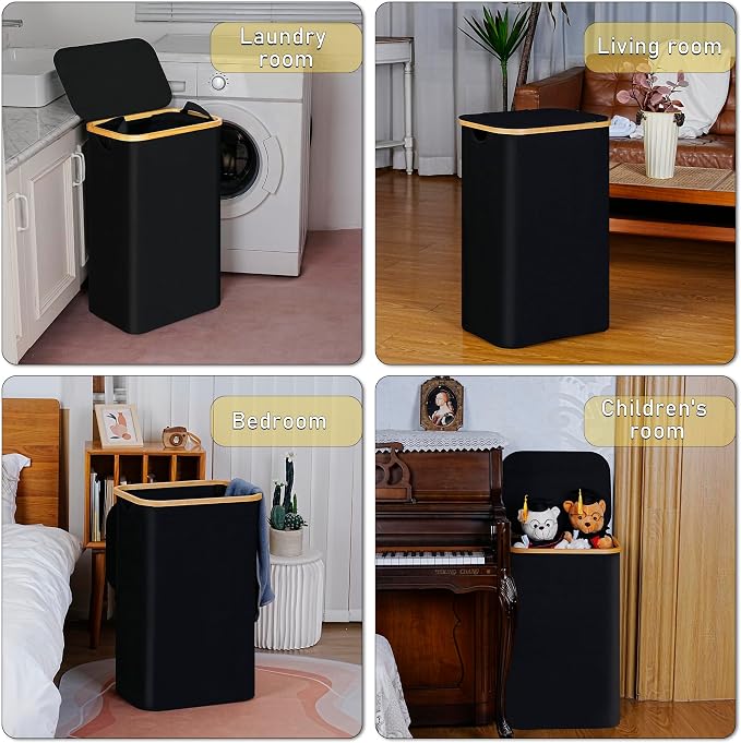 100L Laundry Hamper with Lid, Lagre Basket with Bamboo Handles,Foldable Clothes Hamper Tall Dirty Laundry Basket for Clothes Toys Towels Organizing,Black - Image 7